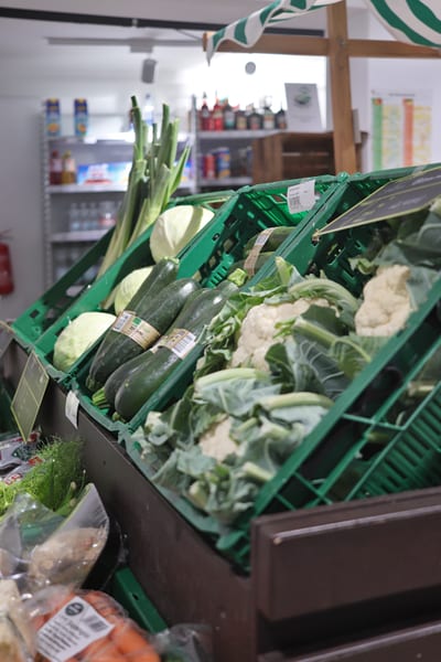Zucchini, Blumenkohl, Weißkohl und Lauch in grünen Kisten